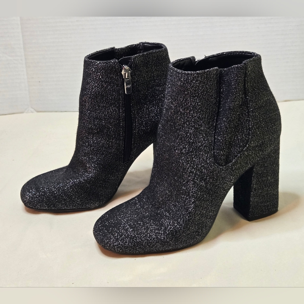 Marc Fisher Gemi Women's Black Sparkle Ankle Boots Chunky Heeled Size 7M